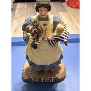 Vintage Patriotic Nurse Figurine Holding Baby American Flag Resin Statue
